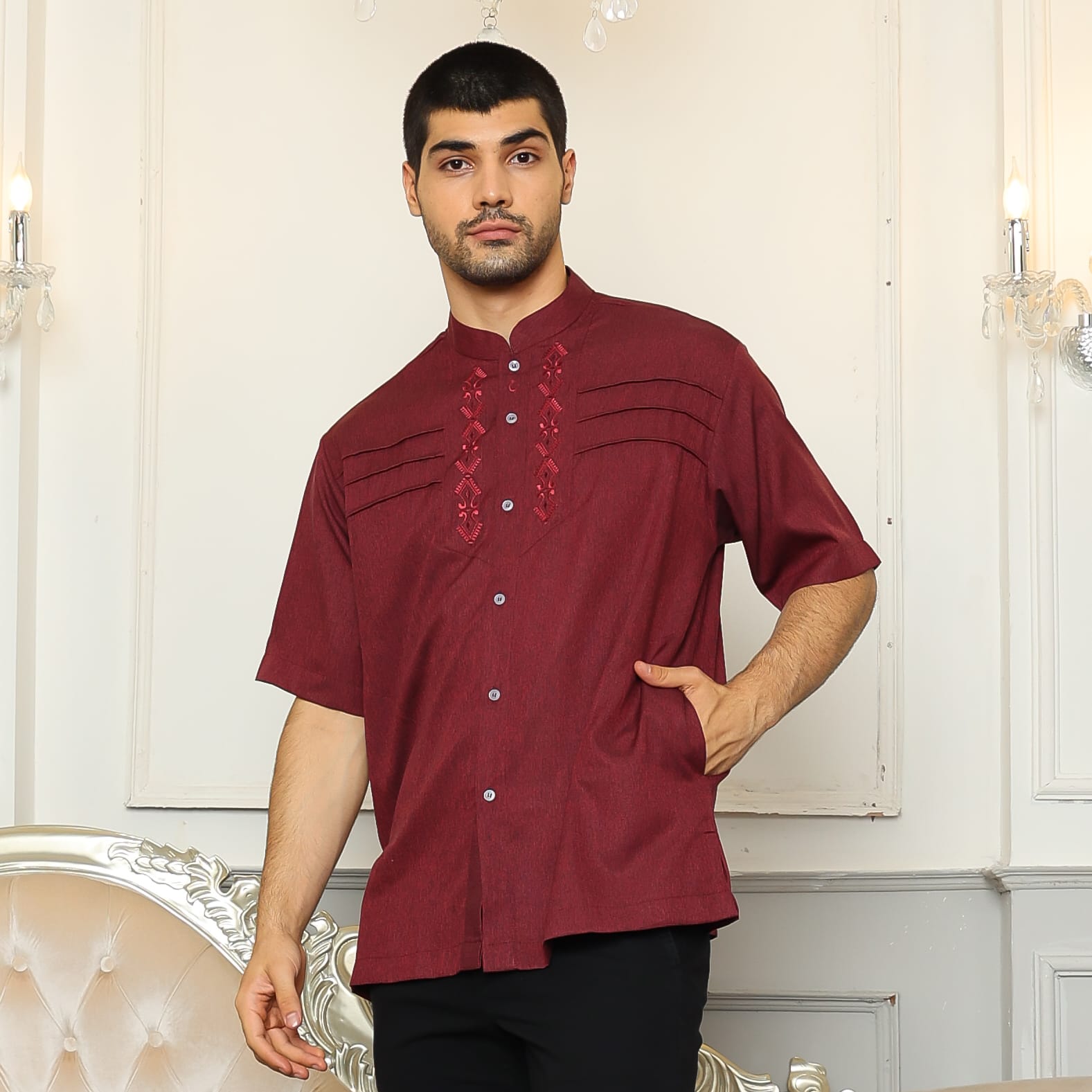 Baju Koko Sarimbit KK 38 Maroon Lengan Pendek foto 2