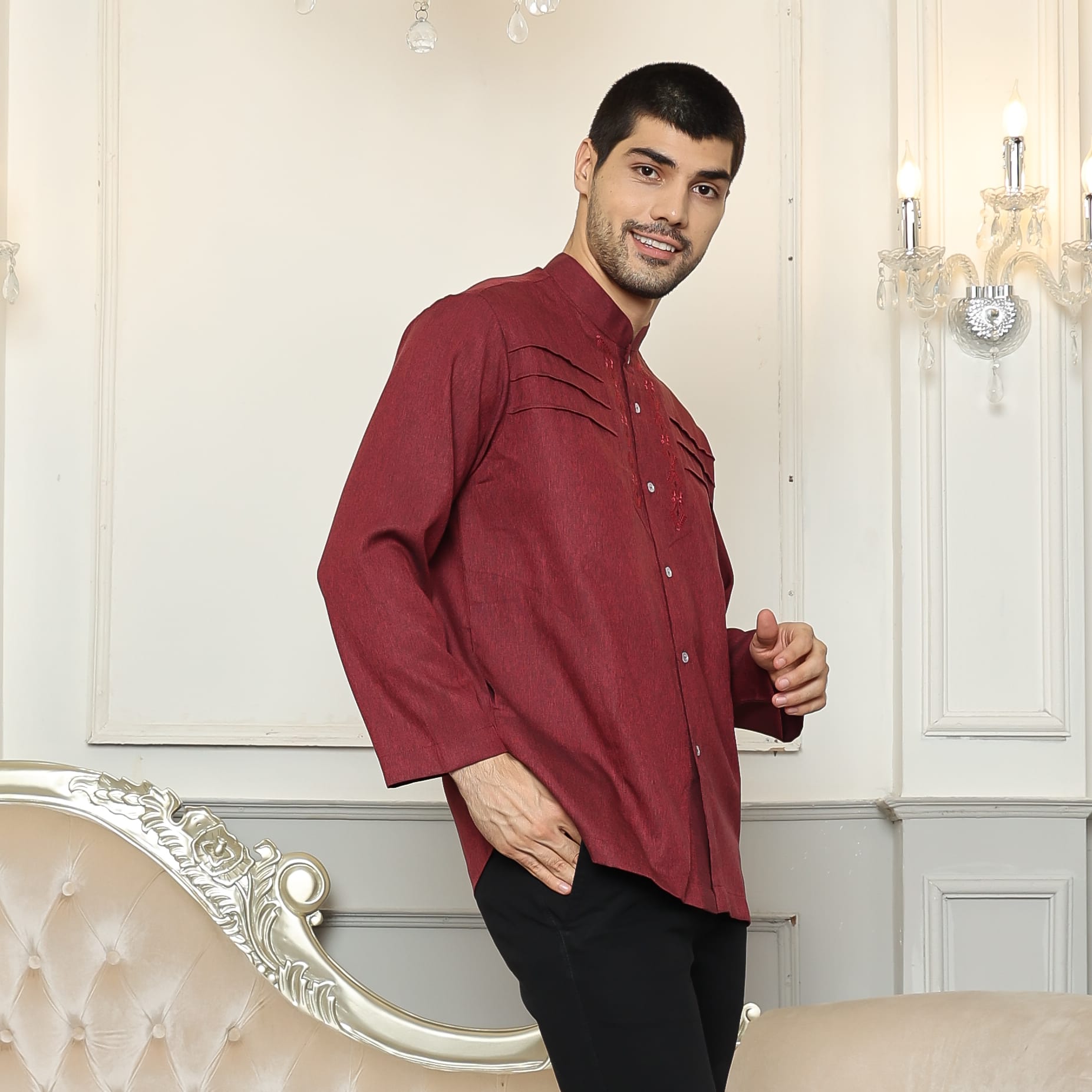 Baju Koko Sarimbit KK 38 Maroon Lengan Panjang foto 2