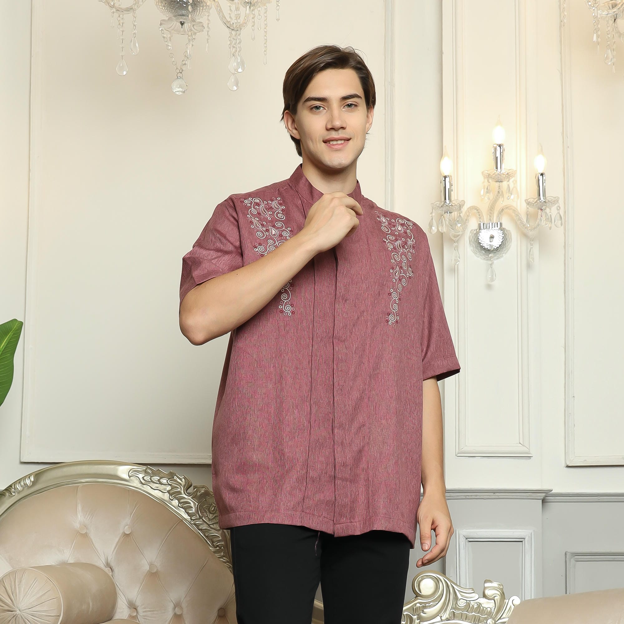 Baju Koko Sarimbit KK 41 Burgundy Lengan Pendek foto 2