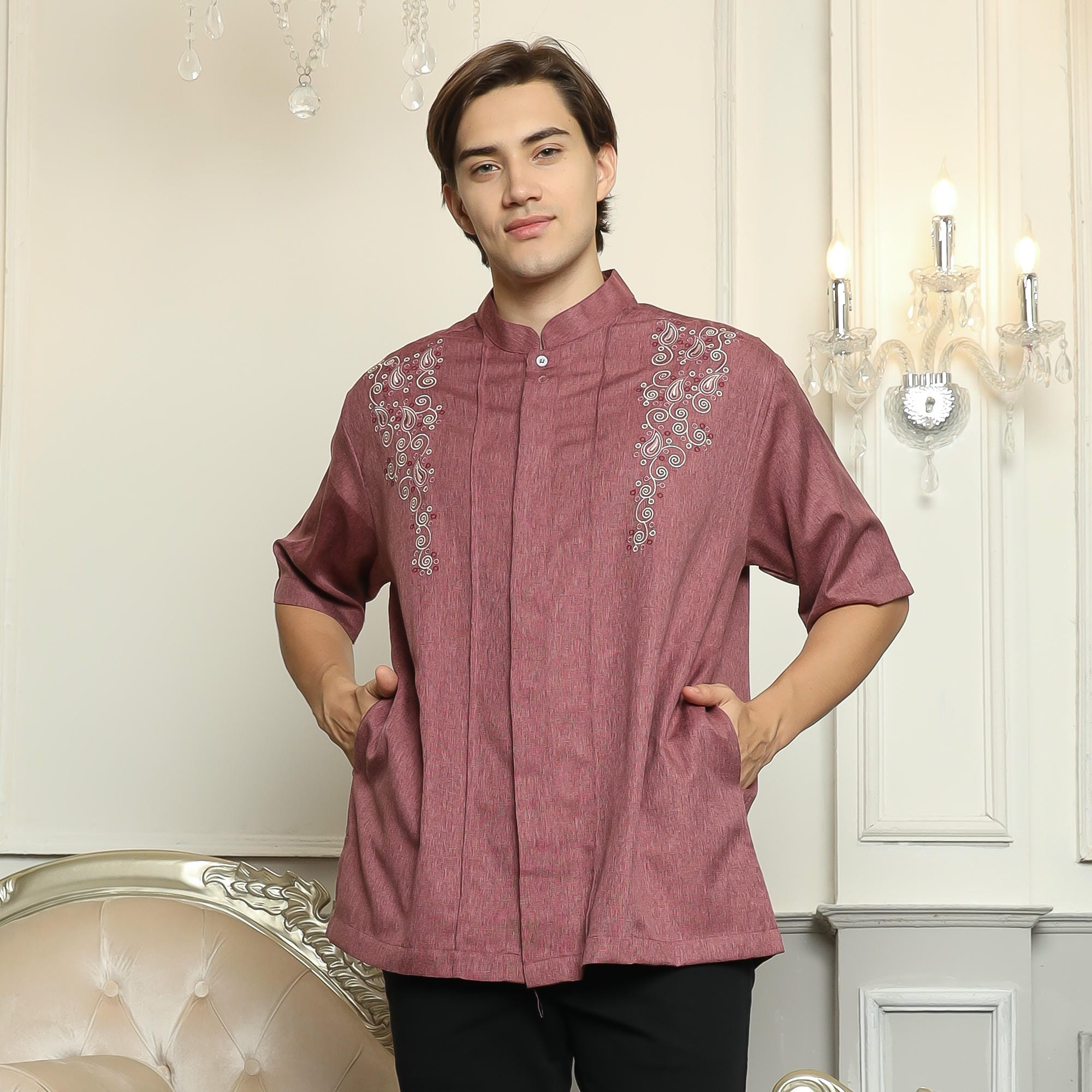 Baju Koko Sarimbit KK 41 Burgundy Lengan Pendek foto 3